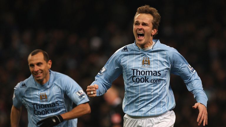 Dietmar Hamann of Manchester City celebrates scoring his team's second goal during the Premier League match against Bolton