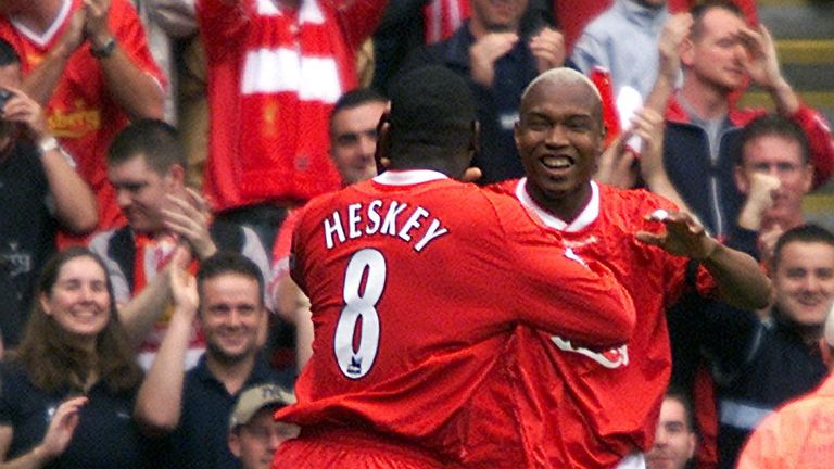 Emile Heskey and El Hadji Diouf, Liverpool v Southampton, goal celeb, August 2002