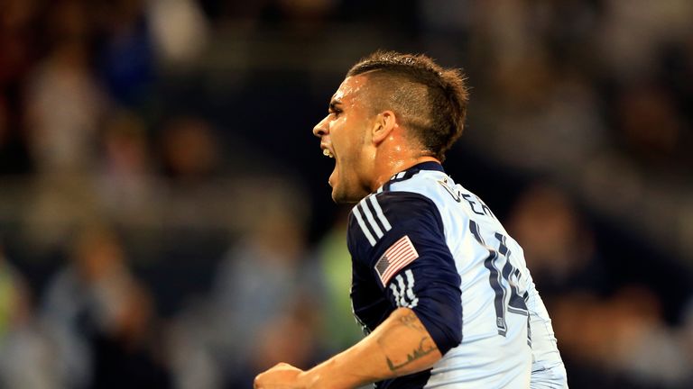 Dom Dwyer of Sporting KC celebrates after scoring against the Philadelphia Union during the game at Sporting Park on May 14,