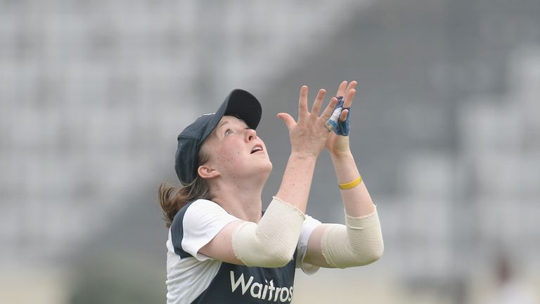 Rebecca Grundy of England Women takes part in a fielding drill during a nets session
