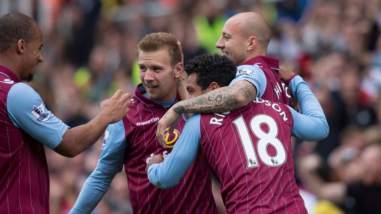 STOKE ON TRENT, ENGLAND - AUGUST 16: Andreas Weimann of Aston Villa celebrates his goal for Aston Villa during the Barclays Premier League match between St