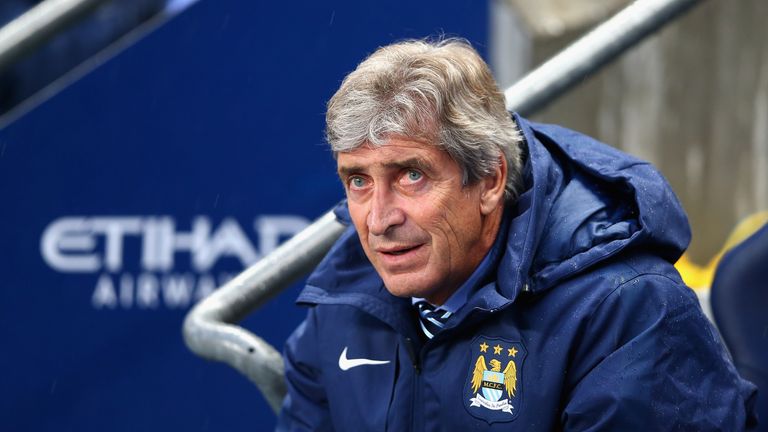 Manchester City Manager Manuel Pellegrini looks on prior to the Barclays Premier League match between Manchester City and