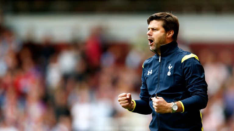 Mauricio Pochettino the Spurs manager celebrates his team's goal during the Barclays Premier League match between West Ham Un