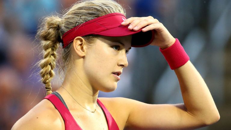 Eugenie Bouchard of Canada reacts after a shot against Shelby Rogers of the USA during Rogers Cup at Uniprix Stadium in Montreal