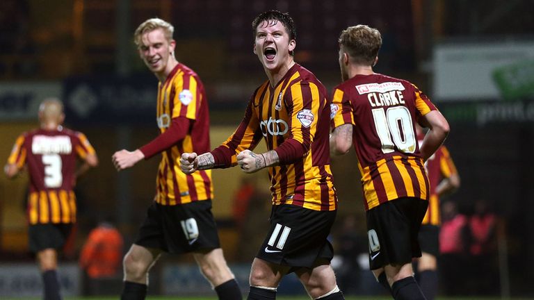 Bradford City's Billy Knott celebrates scoring during the Capital One Cup Second Round match at Valley Parade, Bradford