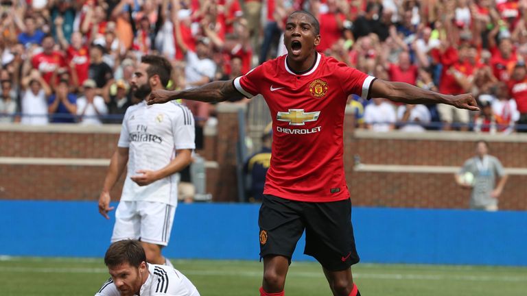 Ashley Young of  Manchester United celebrates scoring the first goal during the pre-season friendly match between Manchester United and Real Madrid