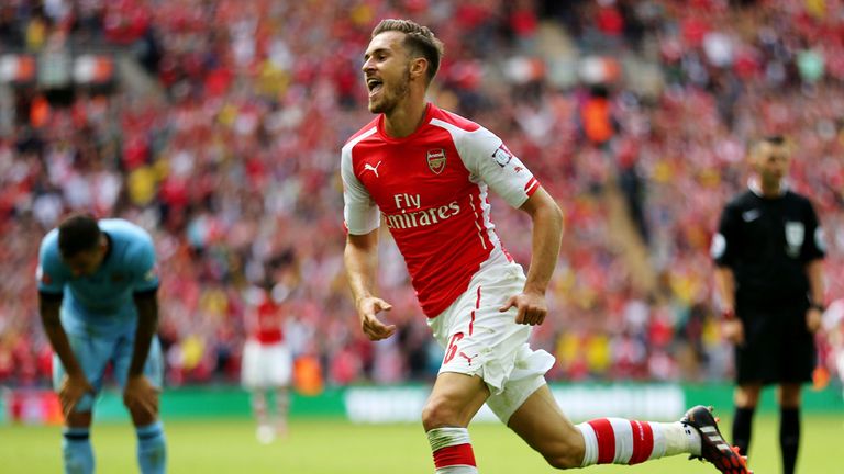 LONDON, ENGLAND - AUGUST 10:  Aaron Ramsey of Arsenal celebrates his goal during the FA Community Shield match between Manchester City and Arsenal at Wembl