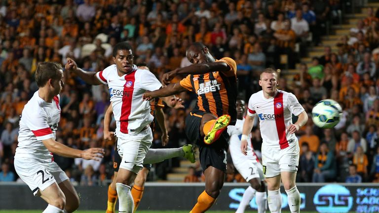 HULL, ENGLAND - AUGUST 07:  Sone Aluka of Hull City scores the second goal during the UEFA Europa League third qualifying round: second leg match between H