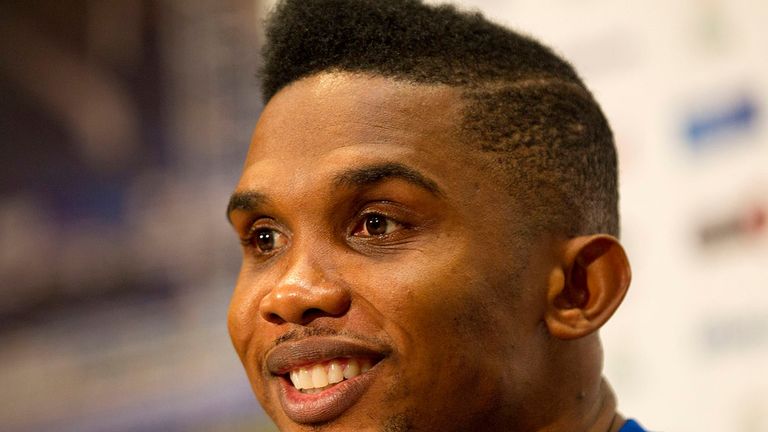 Everton's new signing Samuel Eto'o during the press conference at Finch Farm