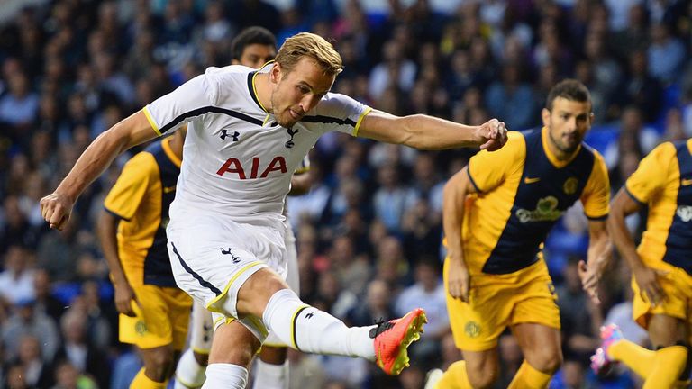 Harry Kane of Spurs misses from the penalty spot during the UEFA Europa League Qualifying Play-Offs Round Second Leg match be