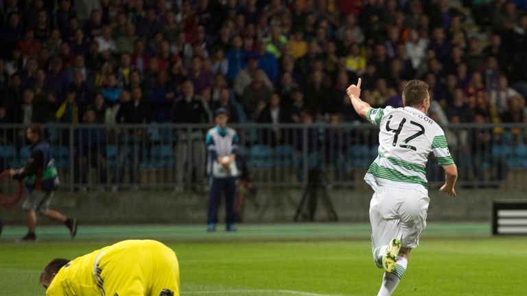 Celtic youngster Callum McGregor celebrates after opening the scoring against Maribor