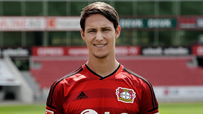 Philipp Wollscheid  poses during Bayer Leverkusen team presentation at BayArena on August 4, 2014 in Leverkusen, Germany.