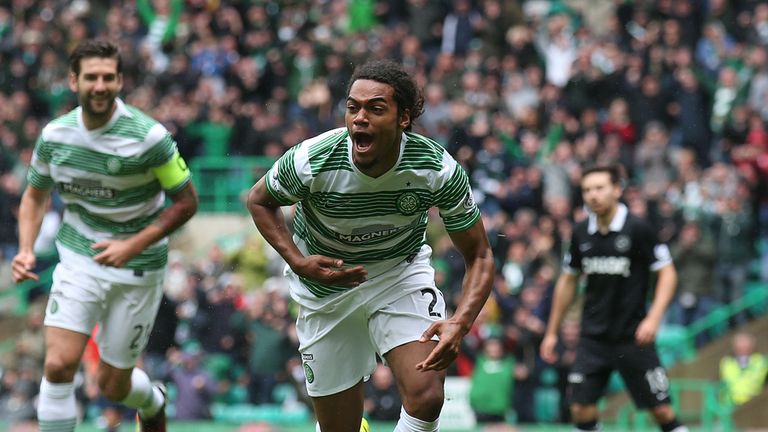 Celtic's Jason Denayer celebrates scoring the opening goal against Dundee United at Celtic Park,