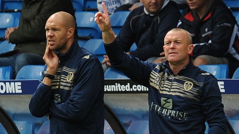 Leeds United head coach David Hockaday (right) on the touchline during the Sky Bet Championship match at Elland Road, Leeds
