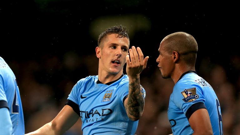 Manchester City's Stevan Jovetic celebrates scoring a goal against Liverpool during the Premier League match at the Etihad Stadium