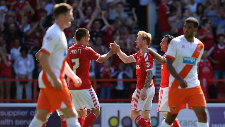 Chris Burke of Nottingham Forest celebrates scoring their second goal with Matty Fryatt during the Sky Bet Championship match v Blackpool