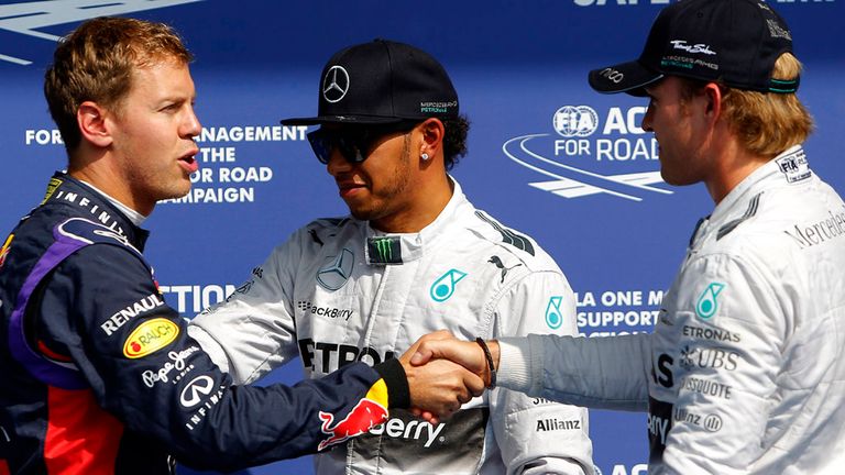 The top three qualifiers at Spa: Vettel, Hamilton and pole-sitter Rosberg