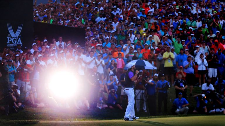 LOUISVILLE, KY - AUGUST 10:  Rory McIlroy of Northern Ireland celebrates his one-stroke victory on the 18th green during the final round of the 96th PGA Ch