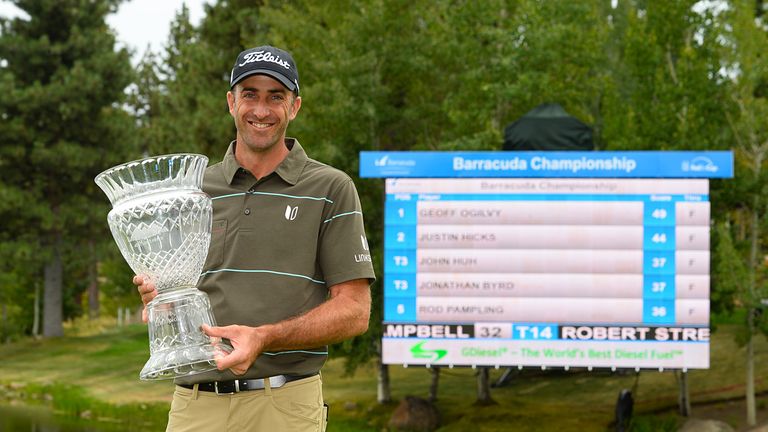 Geoff Ogilvy of Australia poses with the trophy at the Barracuda Championship