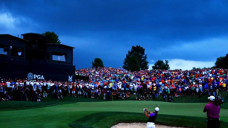 LOUISVILLE, KY - AUGUST 10: Rory McIlroy of Northern Ireland hits a shot from a greenside bunker on the 18th hole during the final round of the 96th PGA Ch