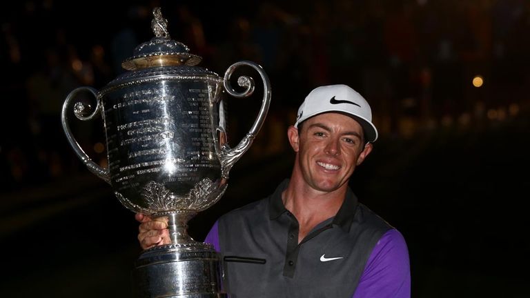 LOUISVILLE, KY - AUGUST 10:  Rory McIlroy of Northern Ireland poses with the Wanamaker trophy after his one-stroke victory during the final round of the 96