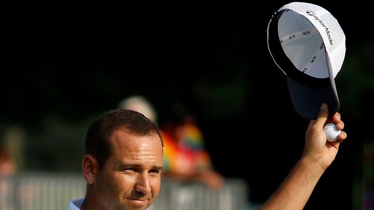 AKRON, OH - AUGUST 01:  Sergio Garcia of Spain celebrates after a birdie putt on the 18th green during the second round of the World Golf Championships-Bri