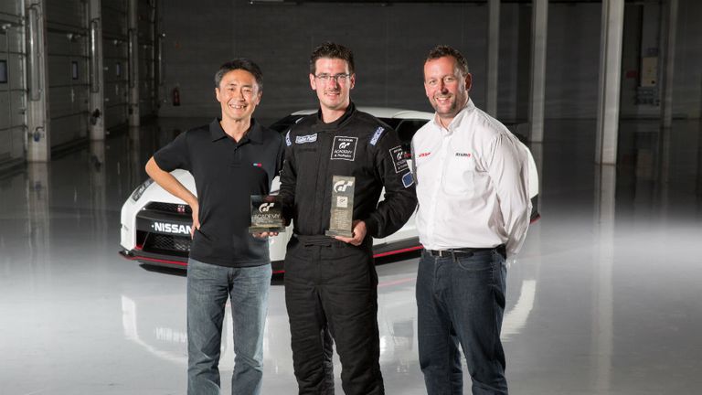 Gran Turismo creator Kazunori Yamauchi, 2014 GT Academy winner Gaetan Paletou and NISMO Global Head of Brand, Marketing & Sales Darren Cox