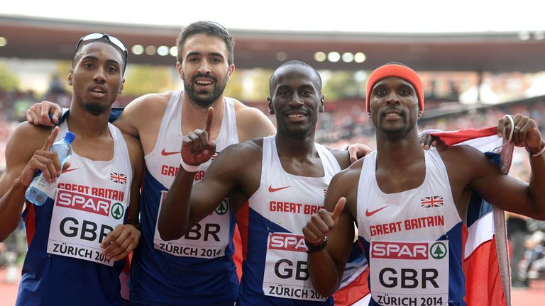 Matthew Hudson-Smith, Martyn Rooney, Michael Bingham and Conrad Williams celebrate gold in the Men's 4x400m Relay at the European Championships
