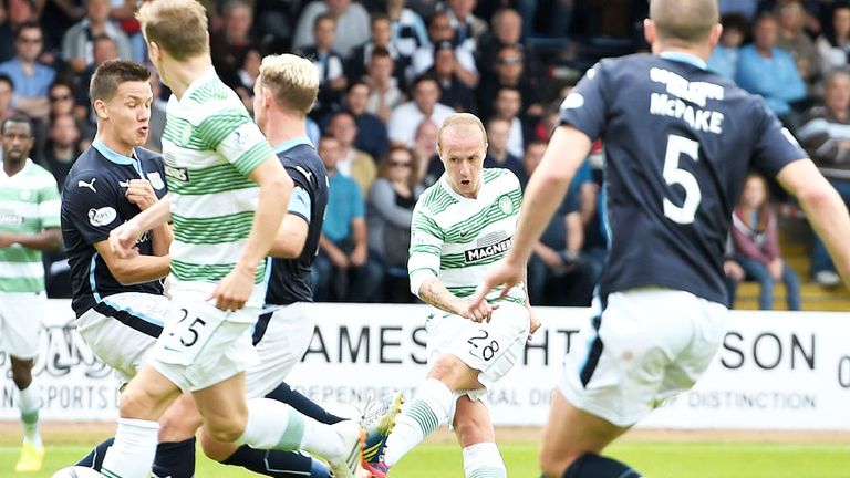 Leigh Griffiths scores Celtic's equaliser against Dundee in the 1-1 draw at Dens Park
