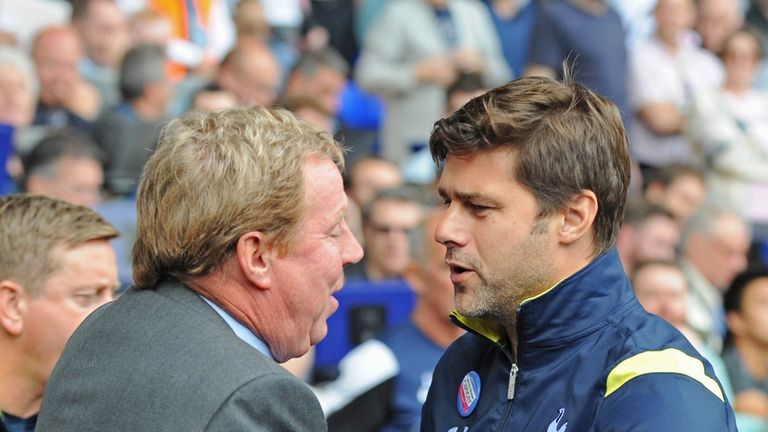 Tottenham Hotspur's Argentinian Head Coach Mauricio Pochettino (R) greets Queens Park Rangers' English manager Harry Redknapp 