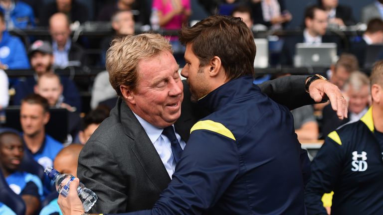 Harry Redknapp (L), the QPR manager is greeted by Mauricio Pochettino, the Spurs manager prior to the Barclays Premier League