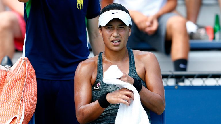 Heather Watson sits down during the US Open