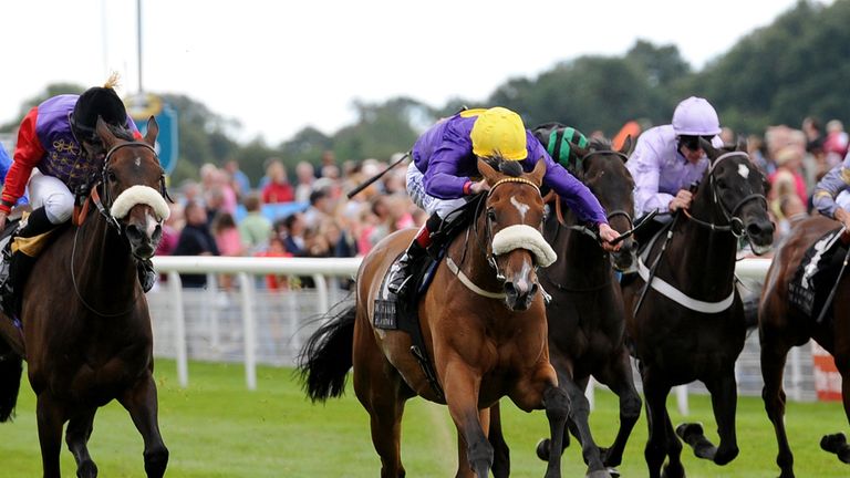 Pale Mimosa ridden by Pat Smullen (centre, yellow cap) wins the Weatherbys Hamilton Insurance Lonsdale Cup 