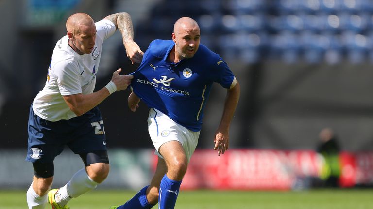 Preston North End's Jack King (left) challenges Leicester City's Gary Taylor-Fletcher during the Pre-Season friendly at Deepdale, Preston.
