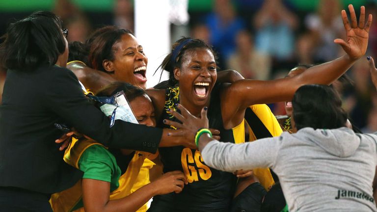 The Jamaica team celebrate victory during the Netball Bronze Medal Match against England at SECC Precinct 2014 Commonwealth Games