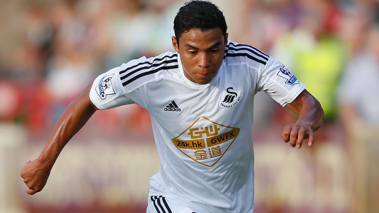 New Swansea signing Jefferson Montero in action at Exeter earlier this week