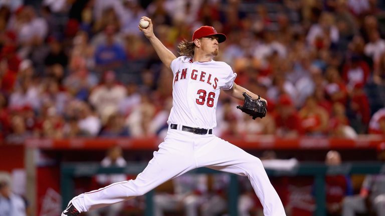 Jered Weaver #36 of the Los Angeles Angels against the Philadelphia Phillies