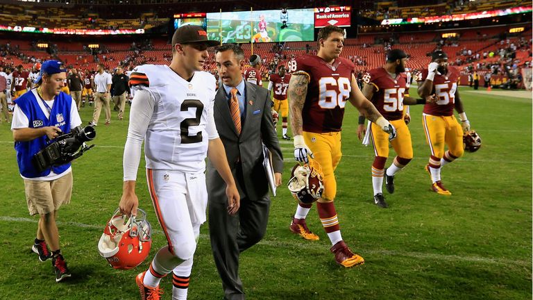 Quarterback Johnny Manziel #2 of the Cleveland Browns walks off the field following a preseason game against the Washington Redsk