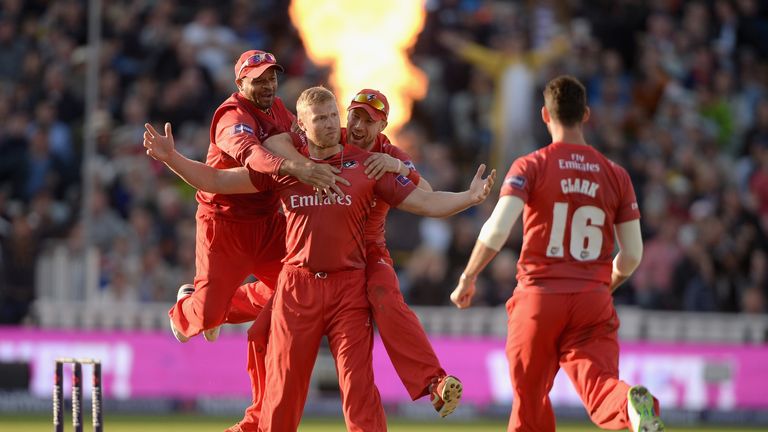 Andrew Flintoff is mobbed by Lancashire team-mates during the NatWest T20 Blast final against Birmingham. Edgbaston, August 2014.