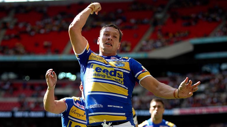 LONDON, ENGLAND - AUGUST 23:  Danny McGuire of Leeds celebrates after scoring a try during the Tetley's Challenge Cup Final between Leeds Rhinos and Castle