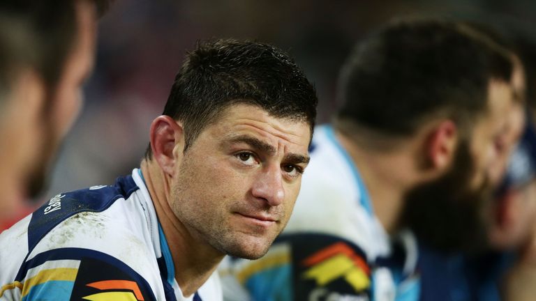 Mark Minichiello of the Gold Coast Titans looks on from the bench during the round 22 NRL match against the Sydney Roosters