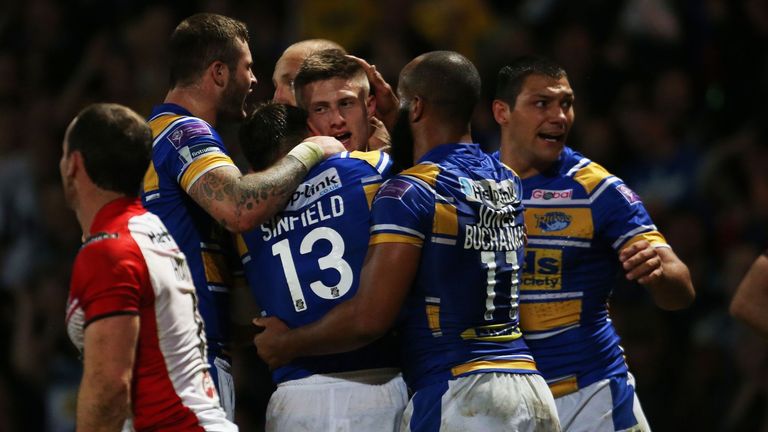 Liam Sutcliffe of Leeds Rhinos celebrates a try during the Super League match against St Helens at Headingley Carnegie
