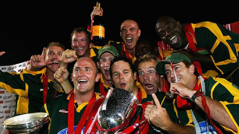 Leicestershire celebrate with the trophy at the end of the Twenty20 cup Final match against Surrey at Edgbaston