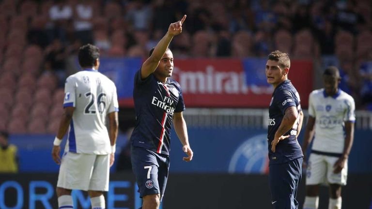 Paris Saint-Germain's Brazilian midfielder Lucas Moura (C) celebrates after scoring during the French L1 football )