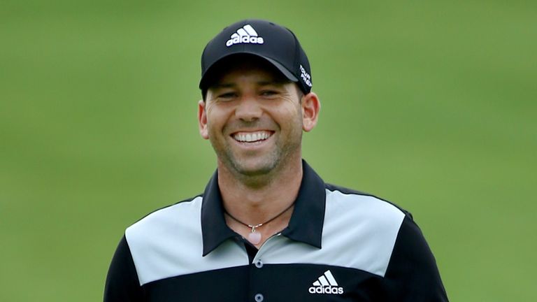 Sergio Garcia of Spain smiles during a practice round prior to the start of the 96th PGA Championship at Valhalla