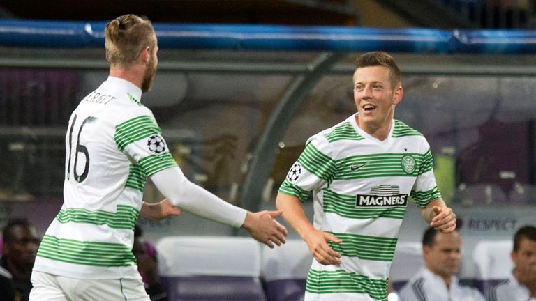 Callum McGregor (right) is hailed after opening the scoring for Celtic against Maribor