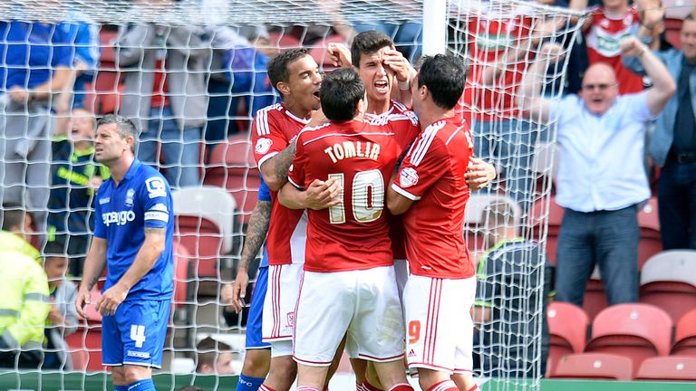 Middlesbroughs's Daniel Ayala is mobbed after scoring during the Sky Bet Championship match at the Riverside Stadium, Middlesbrough.