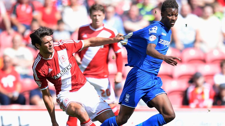 Middlesbrough's George Friend (left) and Birmingham's Demarai Gray in action during the Sky Bet Championship match at the Riverside Stadium, Middlesbrough.