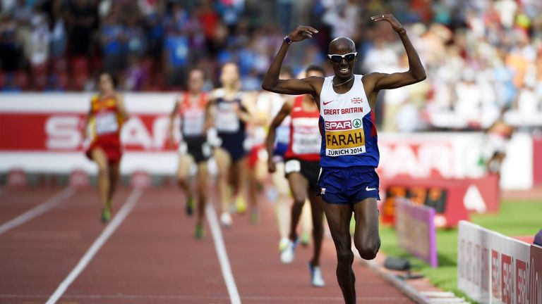 Mo Farah reacts as he crosses the finish line to win the Men's 5000m final during the European Athletics Championships