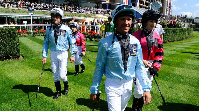 Frankie Dettori leads the jockeys into the parade ring at Ascot
